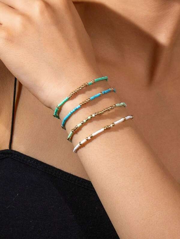 4pcs Minimalist Rice Pearl Elastic Bracelets Set, Suitable For Commuting, Vacation, Party, Great Gift For Girls