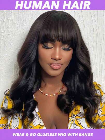 Human Hair Wigs With Bangs Chic Body Wave Human Hair Wig For Women Full Machine Made No Shedding No Can Be Any Style For Use 150% Density Glueless Brazilian Virgin Hair Natural Color