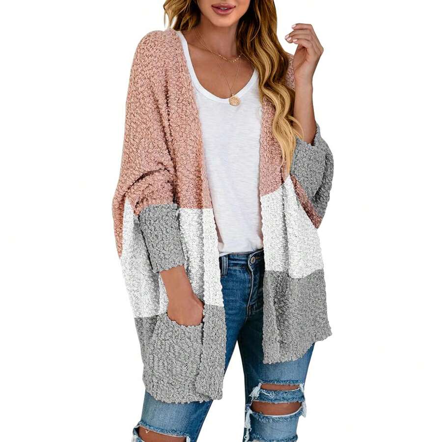 Women Chunky Popcorn Cardigan Oversized Open Front Boyfriend Batwing Long Sleeve Fuzzy Knit Sweaters