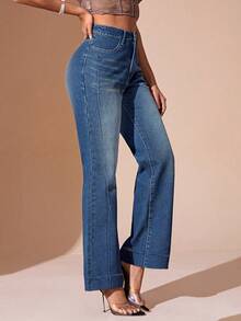 Jeans acampanados de cintura alta para mujer, estilo casual, pantalones de mezclilla lavados claros, campana para mujer para la calle - Azul - Ver 2