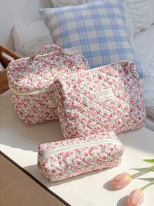 1 chiếc túi đựng mỹ phẩm chần bông đa năng in họa tiết hoa hồng đỏ, túi trang điểm thời trang thường ngày dung tích lớn có khóa kéo, túi đựng văn phòng phẩm du lịch, túi trang điểm thiết yếu cho kỳ nghỉ, túi đựng đồ, túi trang điểm, vật dụng cần thiết khi đi du lịch - Hồng - Xem 6