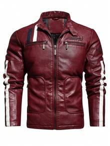 男士 PU 皮夹克，立领拼接设计摩托车夹克，时尚撞色外套 - 酒紅色 - 查看 1