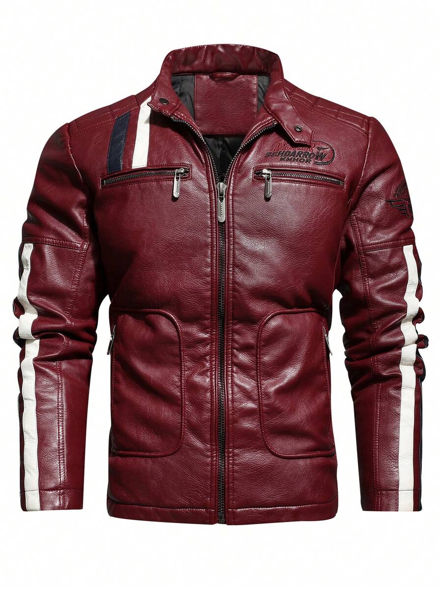 男士 PU 皮夹克，立领拼接设计摩托车夹克，时尚撞色外套 - 酒紅色 - 查看 1