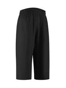 男士腰部抽绳口袋拉链下摆印花休闲运动跑步健身户外七分裤，男友风，春夏 - 黑色 - 查看 2