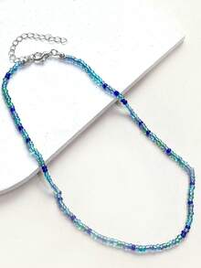 1pc Korean Style Beaded Necklace For Women, Delicate Chain - Blue - View 4