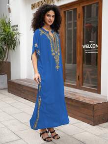蓝色刺绣长袍，女士家居服 - 藍色 - 查看 6