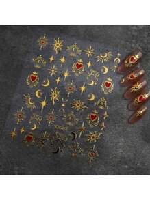 1 张 3D 烫金心形美甲贴纸，1 件 Y2K 全息星星太阳滑块星光 DIY 贴花美甲装饰情人节美甲装饰 - 彩色 - 查看 10