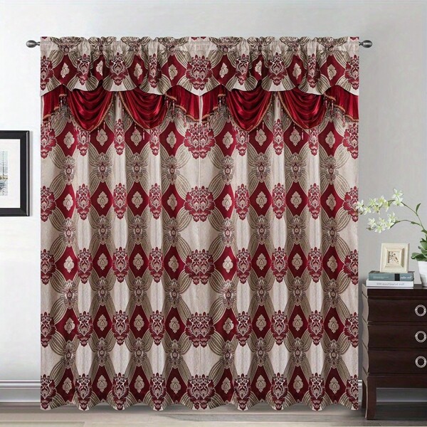 2 piezas de Cortinas Elegantes de Imitación, con Hilos Dorados y Plateados - Cortinas de Lujo para Ventana con Cenefa, Forro Transparente y 2 Sujetadores, para Dormitorio y Sala de Estar, 54x63 Pulgadas, Burdeos