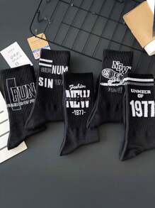 1/5 Pairs Of Men's Mid-Calf Socks With Street Fashion Letter Prints And Hip-Hop Sporty Style, Fall Socks