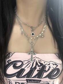 3 件套复古哥特朋克风格水钻星星闪亮多层项链套装，水钻星星，十字架吊坠项链，Y2K 欧美风格女士项链 - 銀色 - 查看 1