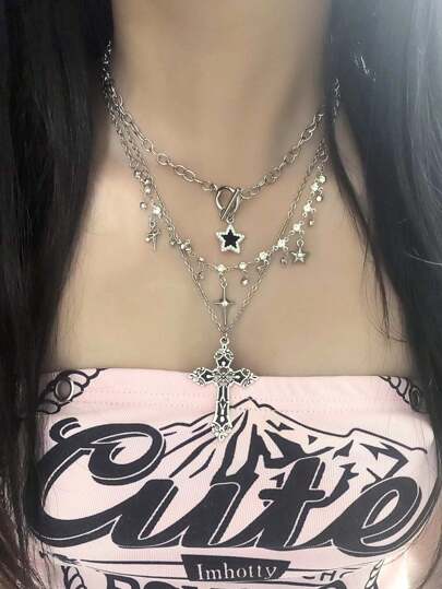 3 件套复古哥特朋克风格水钻星星闪亮多层项链套装，水钻星星，十字架吊坠项链，Y2K 欧美风格女士项链