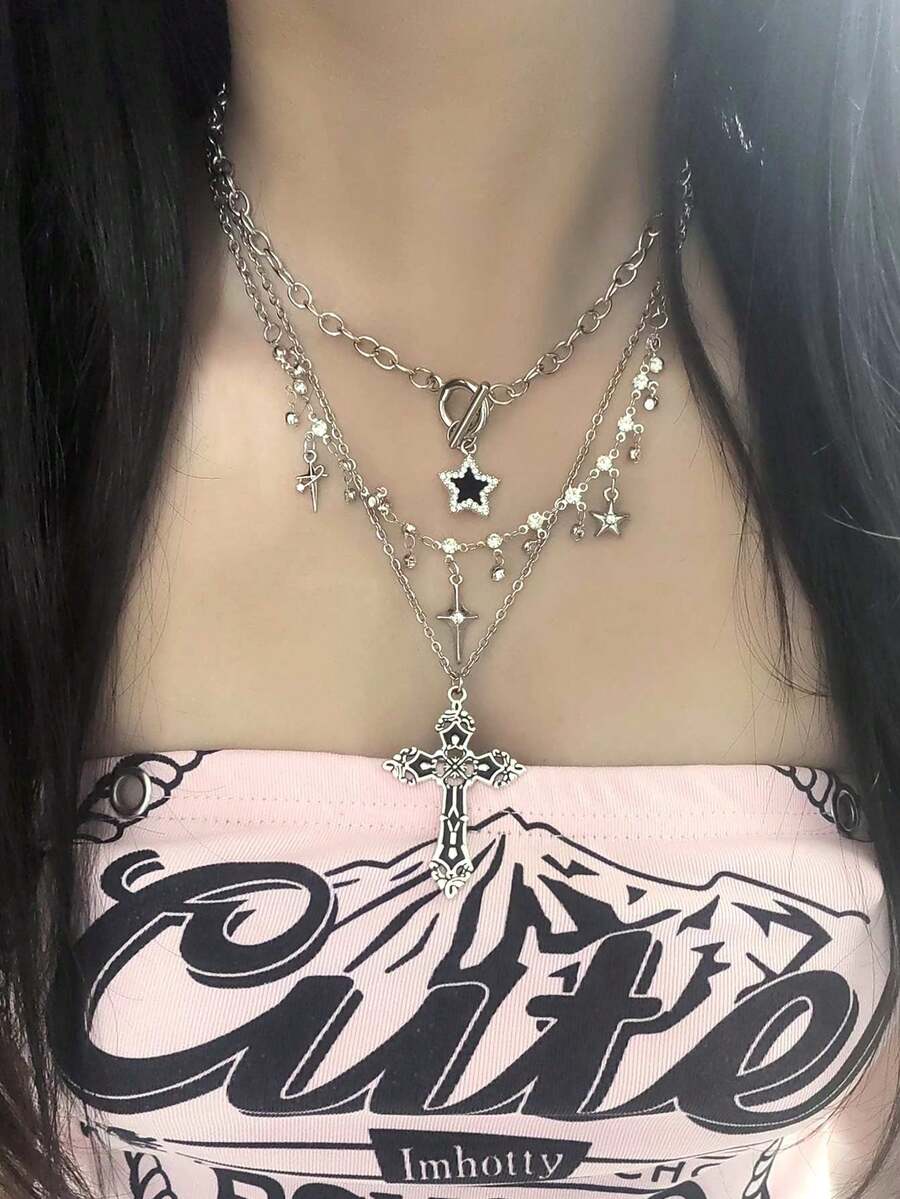 3 件套复古哥特朋克风格水钻星星闪亮多层项链套装，水钻星星，十字架吊坠项链，Y2K 欧美风格女士项链 - 銀色 - 查看 1