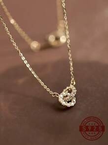 S925 纯银镀金双环项链，镶嵌 CZ 宝石，轻巧简约链条，适合学院风和旅行照片，适合送给少女的礼物