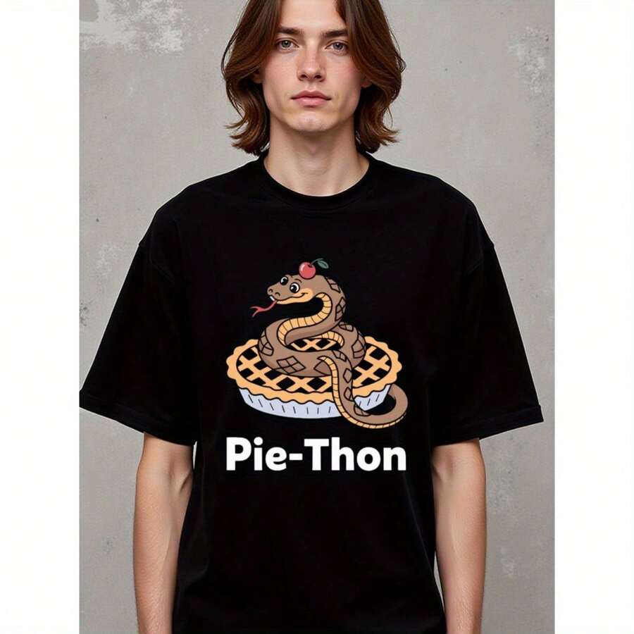 Popular Natee Local Warehouse Permission Python In Pie: Funny Pun T-Shirt, Men's T-Shirt,100% Cotton Fabric,Crew Neck,Short Sleeve,Regular Fit,All-Season Casual Wear,180gsm-Ideal For Valentines New Year's Day Father's Day Christmas - 黑色 - 查看 1