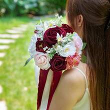 Dusty Blue Wedding Bouquets For Bride Bridesmaid, White Wedding Artificial Roses Flowers For Wedding Bouquets Ceremony, Anniversary - Burgundy & Blush - View 7