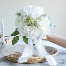 Dusty Blue Wedding Bouquets For Bride Bridesmaid, White Wedding Artificial Roses Flowers For Wedding Bouquets Ceremony, Anniversary - White & Ivory - View 2