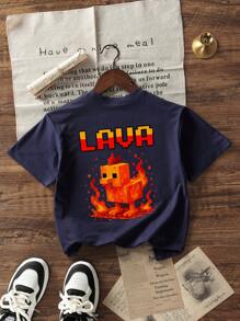 男孩和青少年学生休闲印花圆领短袖T恤，夏季上衣 - 藏蓝色 - 查看 3