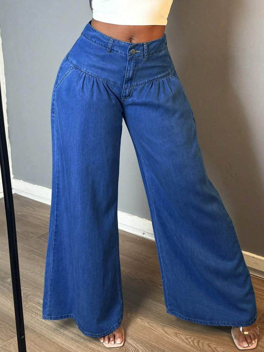 Women's Loose Front Button Wide Leg Washed Lightweight Denim Pants Suitable For Daily Versatile Outings - Rửa tối - Xem 1