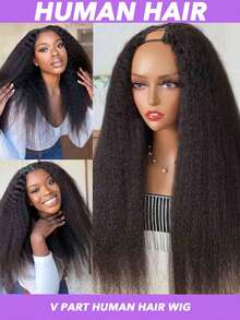 V Part Wigs Human Hair Kinky Straight Wig Yaki Straight Human Hair Wig For Women Afro Kinky Straight Human Hair V Part Wig Glueless Upart Yaki Straight - Natural Black - View 3