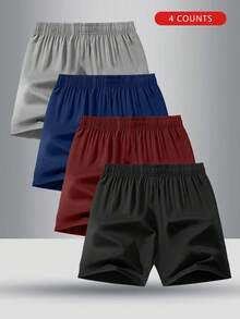 Conjunto de 4 pantalones cortos deportivos casuales de cintura elástica de unicolor para niños, apropiado para adolescentes - Negro - Ver 2