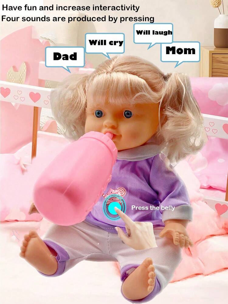 26厘米逼真娃娃，可小便和喝水，带4种音效，包含奶瓶和奶嘴，粉色小床，儿童过家家玩具礼物（服装图案随机） - 粉紅色(衣服印刷圖案隨機發 - 查看 8