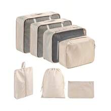 7 Piece Luggage Organizer Set, Travel Packing Cubes With Laundry Bag, Compression Shoe Bags, Clothes & Underwear Storage Bags, Unisex Design - Beige - View 8