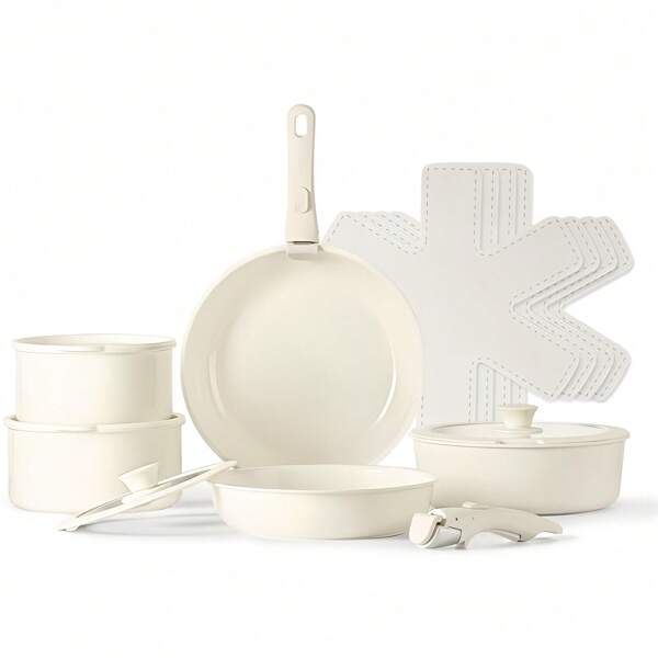 4/5/9/11/15 Piece Ceramic Cookware Set With Detachable Handle, Non Stick Cookware, High Temperature Resistance Of 480 ° F, Suitable For Induction Cookers, Stackable, RV Kitchen Cooking Set