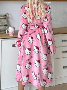 Sanrio 1pc Hello Kitty Plush Fluffy Robe For Women, Cute & Elegant, Warm & Comfortable, Suitable For Autumn/Winter, Fall, Cozy Outfits