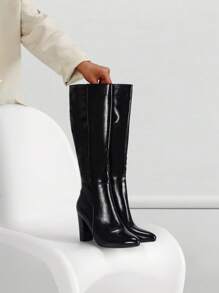Women's Fashionable Retro Black Knee-High Boots With Chunky Heels, Leather Material With High Reflectivity For Stylish & Comfortable Wear, Suitable To Pair With Leather Jackets, Coats, Knit Dresses, Shorts For Commuting, Dating, Outings, Holiday Gatherings