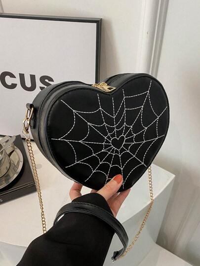 Y2K Punk Style Spider Web Embroidery Heart Shaped Crossbody Bag, Shoulder Bag, Suitable For Women Shopping, Halloween Gift, Halloween Purse, Perfect For Fancy Party Halloween Fashion & Gothic Fashion, Perfectly Matching With Halloween Costumes Women