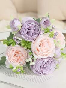 1 buchet de flori artificiale mixte cu trandafir, hortensie, bujor, ideal pentru cadou de Ziua Îndrăgostiților, nuntă, petrecere de ziua de naștere, decorare interioară, flori conservate care nu necesită întreținere