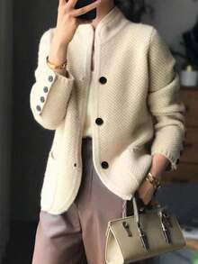 Women's Elegant Korean Style Loose Casual Commuter Sweater Cardigan, Vintage Wool Blend Knit Outerwear, Autumn/Winter - Màu be - Xem 3
