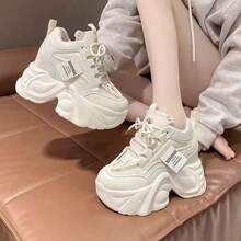 [Moxia] Platform Sneakers, Dad Sneakers, Women's Platform Shoes, Sneakers With In-Heels, Lace-Up, Stylish, Popular, Beautiful Legs, Easy To Walk In, 6.5cm Height Increase - 白色 - 查看 3