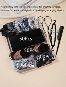 1109 件女孩发饰套装，基本款尼龙马尾辫发带，黑棕色缎面发圈，中性色弹力橡皮筋头带，辫子制作器发型工具套装头饰日常发饰 - 彩色 - 查看 2