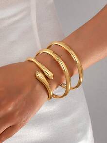 3pcs Gold Tone Geometric Bangle Bracelets, Fashionable Exaggerated Stacking Cuff