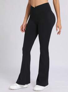 RUNONWHEELS 5 女士高腰喇叭瑜伽裤，收腹提臀交叉腰带长裤 - 黑色 - 查看 3