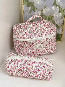 1 chiếc túi đựng mỹ phẩm chần bông đa năng in họa tiết hoa hồng đỏ, túi trang điểm thời trang thường ngày dung tích lớn có khóa kéo, túi đựng văn phòng phẩm du lịch, túi trang điểm thiết yếu cho kỳ nghỉ, túi đựng đồ, túi trang điểm, vật dụng cần thiết khi đi du lịch - Hồng - Xem 3
