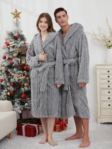 男士一件式柔软舒适提花抓绒长款连帽蓬松浴袍，带口袋，情侣款，加厚双层设计，适合秋冬季节穿着，温暖舒适