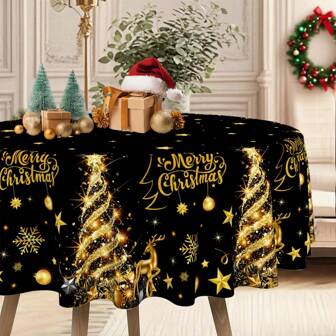 1pc Christmas Theme Polyester Tablecloth, Round Diameter 145cm (57.08inch), Black & Gold Christmas Round Polyester Tablecloth/Tablecover With Shiny Christmas Tree, Snowflake, Reindeer And Golden Stars Decor, Festive Atmosphere Dining Table Cloth For Christmas Party And Family Gathering