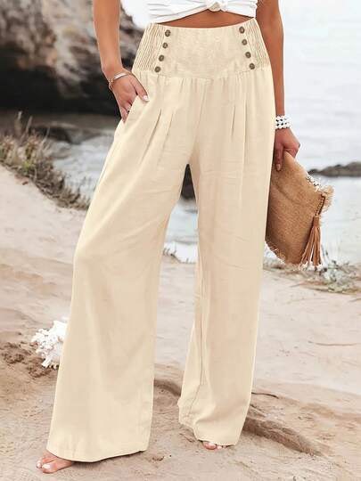 Women's Summer Loose Solid Color Wide Leg Pants With Pocket Elastic Waist Button Casual Pants