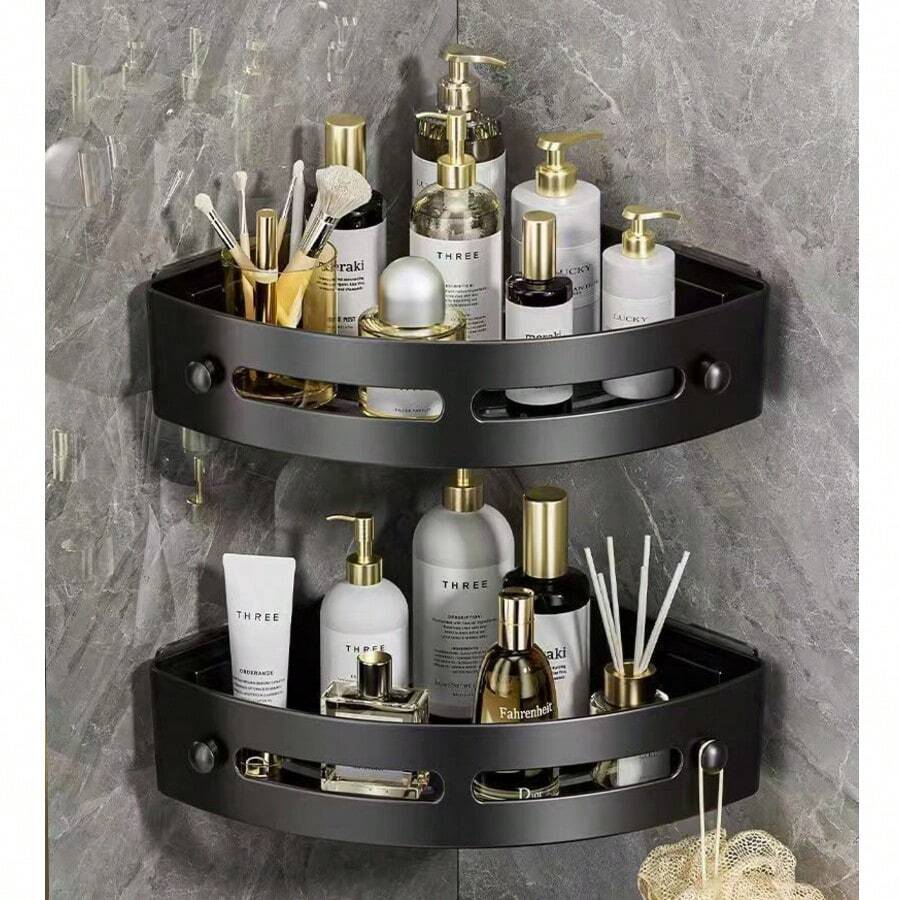 Corner Shower Caddy, Adhesive Shower Shelf Without Drilling, No Drill Bathroom Triangular Storage Rack, Wall-Mounted With 2 Hooks Back To School - Dark Grey - View 1