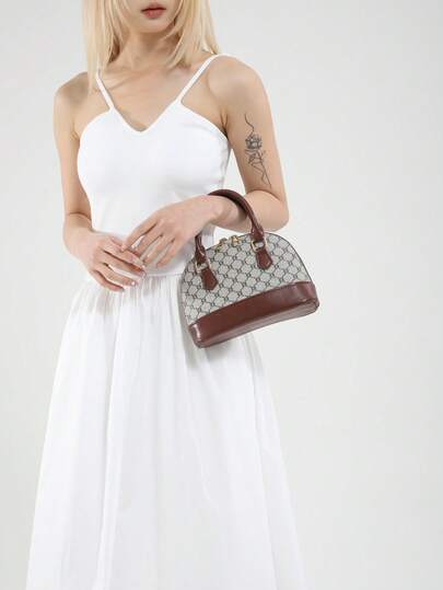 绗缝双提手圆顶包，简约设计拉链单肩包，纯色PU皮革斜挎包，便携式手提包