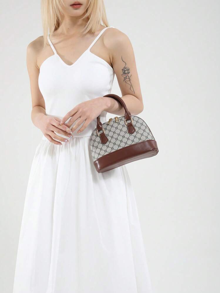 绗缝双提手圆顶包，简约设计拉链单肩包，纯色PU皮革斜挎包，便携式手提包 - 彩色 - 查看 4