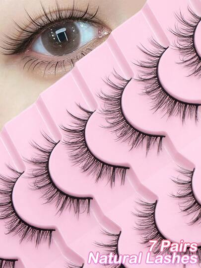 FindLove 7 Pairs Natural Crossing Faux Mink Eyelashes, Lightweight & Fluffy, Handmade, 10-16mm, Ultra-Light, Natural Look, Individual Lashes, Suitable For Makeup, Strip Eyelashes, Lashes, False Eyelashes