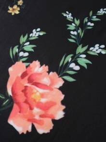 Vintage Floral Print Loose Kimono Cover Up, 3/4 Sleeve, Chinese Style, Lightweight Breathable Fabric, Casual Beach Cover-Up, Summer Fashion Outerwear - Black - View 5