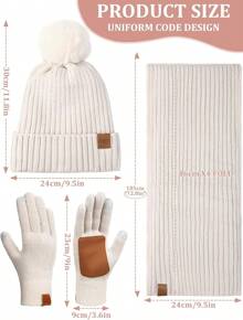 Halloween Decor Winter Beanie Hat Scarf Gloves Set, Fleece Lined Beanie Pom Long Scarf Neck Warmer Touchscreen Gloves Women Men - Beige - View 6