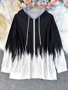 1pc Women's Plus Size Geometric Pattern Contrast Color Print Zip-Up Hoodie Jacket, Autumn/Winter Casual Drawstring Sweatshirt With Pockets