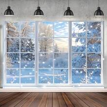 1 Winter Fairy Tale Window Background Cloth, Snowy Christmas Scene With Pine Trees And Snowflakes, Perfect For Photography Studio Props, Ideal For Parties, Portraits And Home Decor, Christmas, Indoor And Outdoor Parties, Family Events, Winter Fairy Tale Decorations - Multicolor - View 2