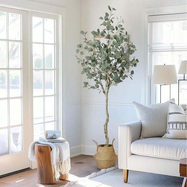 6FT (1,80m) Kunst-Eukalyptusbaum mit Silberdollar-Blättern - Künstliche Eukalyptus-Deko mit Webtopf für Wohnzimmer, Büro & Innenräume