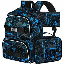 17 Inches Backpack For Boys Men, 3Pcs College Laptop Backpacks With Lunch Bag, Water Resistant Graffiti School Bookbag Set For Teens Students(Blue) - 藍色 - 查看 1